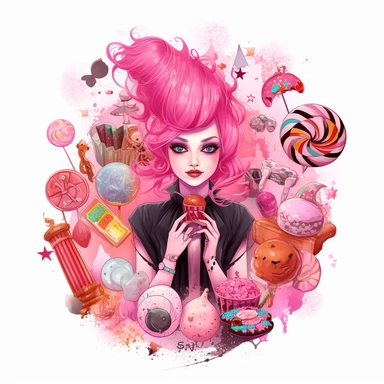 A colourful pink-black-red candy magician with pink hair. in a gothic fantasy style, depicted in a clipart image on a white background. She has a clean charismatic face. The candy-magician is placed in the center of the image and surrounded by mystical candies, cookies, muffins and magical elements, such as bats, potions, and enchanted crystals in a candy style. The image is created with watercolors, giving it a whimsical and mystical feel. character in the style of Aleksi Briclot.