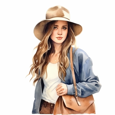 pretty lady with a hat, long brown hair, holding purse, watercolor, hyperealistic, clipart, clean white background