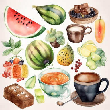 Food and Drink Watercolor Clipart: Paint watercolor fruits, vegetables, desserts, or beverages like coffee and tea