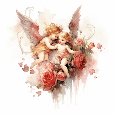 victorian styled flying baby angels with watercolour effect,beautifull wings,unrealistic , floral details , suitable for digital cliparts , fantastic scene , high quality no physical deformation, realistic features ,red and soft roses