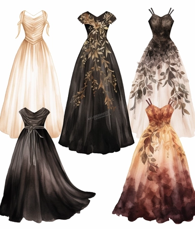 4 watercolor illustration goth wedding dress, in the style of dark palette chiaroscuro, romantic motifs, white, dark maroon and bronze, naïve, inventive, romantic floral motifs, clipart, white background