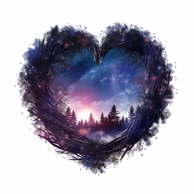 heart shape with a dazzling night sky inside of it, in the style of enchanting realms, nature-inspired installations, bloomcore, mesmerizing colorscapes, skillful, fluid and organic, clipart, blank white background