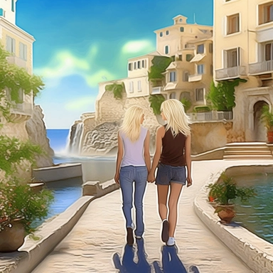 panoramic view, full view, landscape, two beautiful older female best friends with blonde hair walking side by side smiling and chatting, beautiful faces, along a cobblestone walkway in a beautiful mediterranean town with view of beautiful blue water, cascading bougavanelia, beautiful summer day, illustration clipart, photo realistic, romantic, fantasy, ethereal, sharp focus, high detail, no holding hands