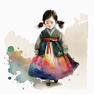 a cute little girl is wearing Korea traditional dress Hanbok. watercolor clipart, the skirt layers are designed to create a full and flowing silhouette, rainbow color jacket, The jacket worn by women in the royal family has long sleeves that are wide and 