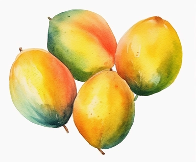 watercolor four Mango fruits clipart, flat style, no volume, few details, washed out, minimalistic style, very lose details, very light colors, transparent colors, light airy hues and pastel tones, spaced out, white background, washed out colors and paint, hand-painted watercolor, watercolor spray, watercolor splash, splatters and paint smudges on top of each Mango, watercolor paper with visible rough paper texture, a variety of watercolor brushes, do not cross workspace borders, rough watercolo