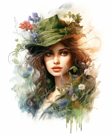 watercolor mixed media a portrait of a beautiful witch with bouquet of moss and fern and branches with summer flowers, masterpiece by Hans Zatzka style and by Pierre-Joseph Redout style and by Vladimir Kush style and by Ivan Fedorovich Choultse style, PNG clipart, isolated on white, white background, extreme photorealistic details, 32k HD resolution, realistic high detailization high resolution