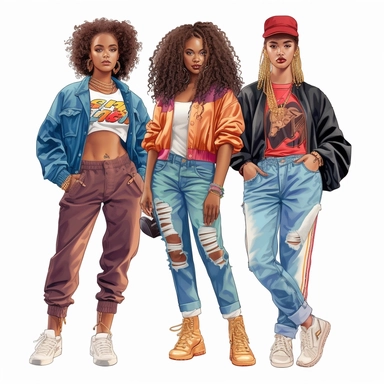 black, African American girls wearing retro 1990’s style urban streetwear fashion clipart, watercolor style, hyper realistic, detailed, white background