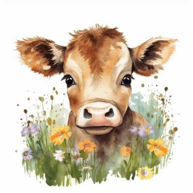 Innocent adorable baby cow with big cute eyes, in grass and wildflowers, boho style, so sweet and cute, so so so cute, freaking adorable, isolated on white background, watercolor clip art, hard edges, smooth, cartoon
