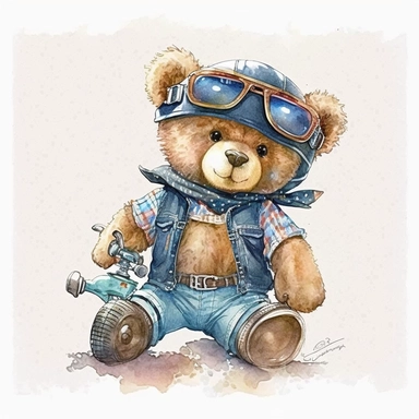 cute teddy bear, clipart, drive airplane, small full body, wearing blue jeans shirt, eye goggles,watercolor, in style of Gaston Bussière, white background