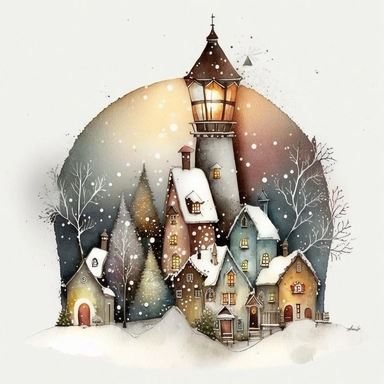 A Very very cute and Whimsical village in snow, Christmas, beautiful, street light, Christmas lights, Watercolored illustration in the style of Michael Powell, clipart, white background - Q2