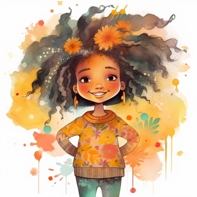 A joyful clipart portraying an African American girl with a charmingly textured hairstyle, adorned in fashionable and whimsical garments, set against a high-resolution and grey background, brought to life with the vibrant colors and free-flowing brushstrokes of a watercolor art style,