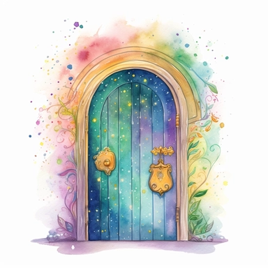 cartoon fairy door, glowing lights and sparkles, colors of green purple gold and blue, glamorous realistic and detailed, watercolor, white background with margins, clipart style