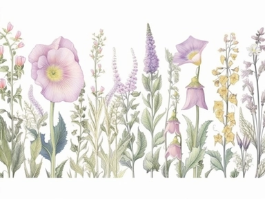Clip art set.Graceful Whispers: Foxgloves, Bellflowers, and Evening Primroses. Soft, Gentle, color pallete. perfect for adding a whimsical and romantic touch to invitations, stationery, and more, vector, contour, white background, clipart set, spaced out