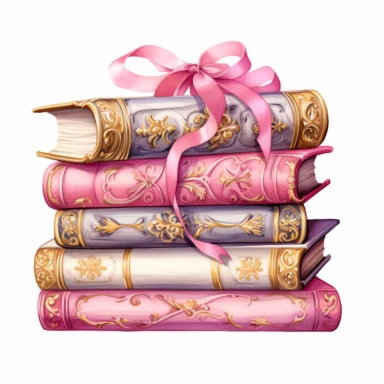 Make a clipart of a fairytale watercolor book stack with detailed binding on a table, rococo, with bright colors of pink, black outlines, hd, gold accents, white background