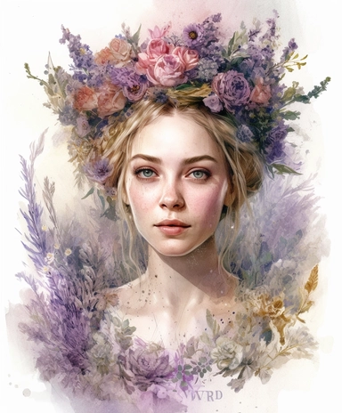 watercolor portrait of a beautiful charming feminine Lavenderpunk woman in royal crown made of wild flowers and leaves and lavender and jewelry, lace and chiffon, provence, meadow, masterpiece by Tom Bagshaw style and by Charles Dana Gibson style, golden accents, rococo fashion, many small and colorful particles, PNG clipart, isolated on white, extreme photorealistic details, 32k HD resolution, realistic high detailization high resolution