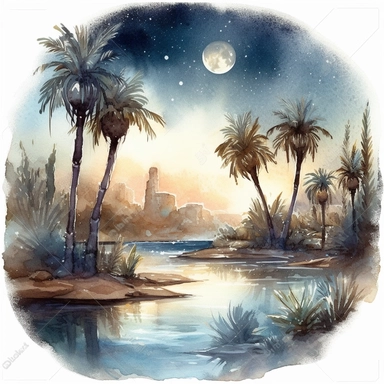 clipart style, watercolor scene of A mysterious image of an Enigmatic Desert Oasis, showcasing the moon and stars casting a soft glow over the landscape. Palm trees frame a tranquil oasis, where sparkling waters invite exploration and reflection. The image evokes a sense of intrigue and allure, hinting at the secrets hidden within the desert, HD, on white background