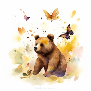 Watercolor clipart of an animated woodland bear, frolicking amongst fluttering, colorful butterflies, its fur is a vibrant mix of deep browns and blacks, the scene bathed in the golden glow of a late summer afternoon, joyous and lively atmosphere, Illustration, digital watercolor with emphasis on light and shadows,