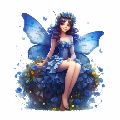 a beautiful smiling fairy girl sitting in flowers, royal blue dress, big fairy wings, lovely butterflies all around her, pixar style, full body image, clipart, white background