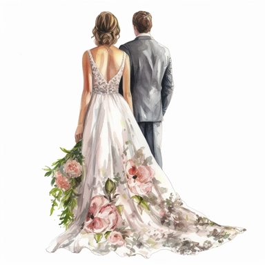 Watercolour of a bride and groom from behind , Clipart,Cartoon,hyper realistic, intricate detail, illustration style,high resolution, isolated on a white background