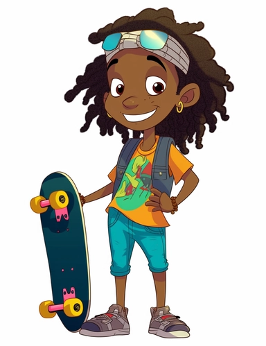 cute cool smiling black boy with wild colorful dreadlocks, skateboarding, chibi style, jewelry, hip hop clothing, hands in pocket, clipart, whole body, white background,