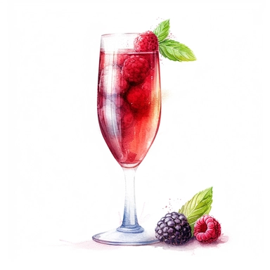 watercolour cocktail, clipart, white background, realistic, kir royale, champange flute, raspberry garnish
