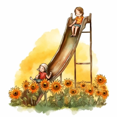 a boy and girl are sliding down an old metal slide placed on a hillside with just a few sunflowers nearby watercolor clipart no fonts no letters no words