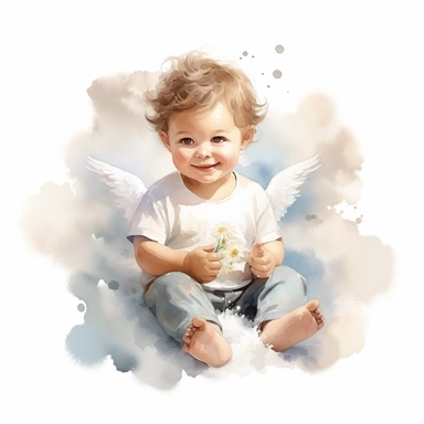 enchanting watercolor image, full body cute newborn baby angel on white background, he is sitting on a cloud in shirt and smiling gently. He has sparkling eyes twinkled with wonder, brown hair and flower in hands, professional watercolor clipart, high resolution