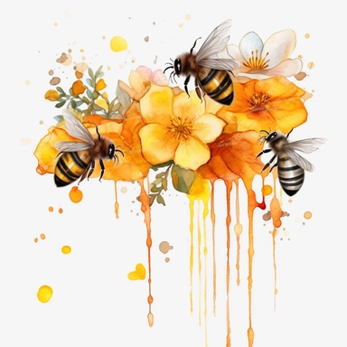 dripping honey border, flowers, honeycomb, bees, watercolor, clipart, white background
