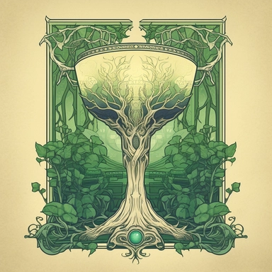 The image depicts an elegant and sophisticated emblem for an elven city, rendered in a clipart art style. The main subject is a chalice with a tree design on the front, overflowing with emerald green liquid, while grapevines decorate the bottom of the vessel. The chalice is situated against a warm ivory background, and warm, ethereal light shines from behind it. The color scheme is predominantly ivory, emerald green, and gold. Some light steam punk elements are incorporated into the design for a