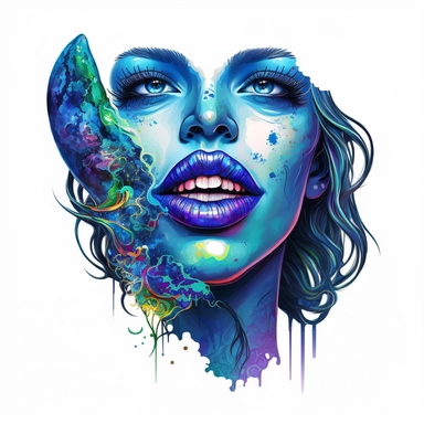 Illustration in boho style, clipart, sublimation drawing Blue lips of an alien. Bright colorful colors on a white empty background, high quality 8k, high quality detail