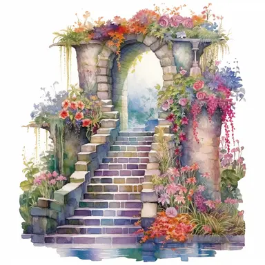 clipart, watercolor stair leading toward a waterfall, in the style of intricate, delicate flower and garden paintings, stone, rough clusters, small brushstrokes, arched doorways, colorful gardens, white background