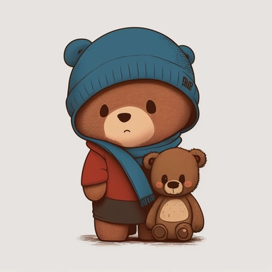 cute bear vector clipart, A small, brown bear with big, sad eyes, The bear is wearing a red scarf and a blue hat, The bear is holding a teddy bear in its arms, The bear's mouth is turned down in a frown, The bear looks like it needs a friend
