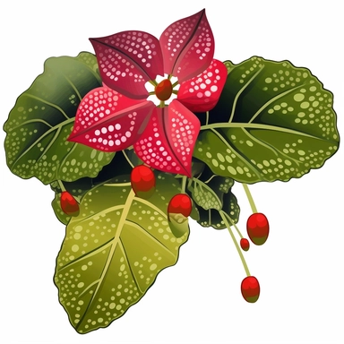 Clipart, Polka Dot Begonia's, Plantae, Tracheophytes Raddi, is a tropical plant native to southeast Brazil. It has green oblong leaves in shaped of angel wing, in a vibrant olive green color, deep red purple undersides of leaves and polka dot finishes on top. It has silver spots on its surface and a crimson reddish underside