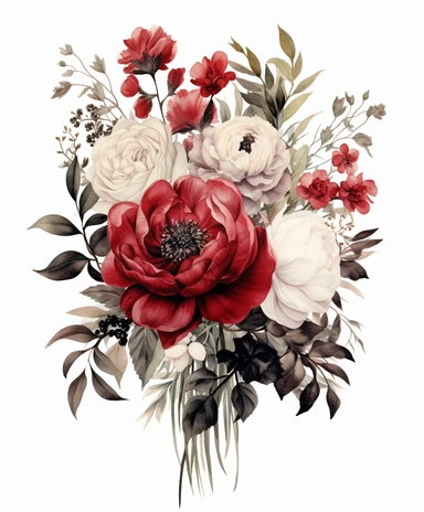 Tall floral bouquet in crimson, white, and black, reminiscent of Alabama University colors, depicted in a watercolor clipart. The flowers are large and bold, featuring roses, peonies, and poppies, with delicate green leaves and stems interspersed throughout