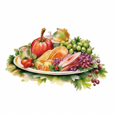 watercolor clipart of Christmas banquet, red green gold colors, isolated on white background