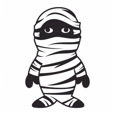 black and white silhouette of a halloween cartoon mummy, clipart style, white background, thick lines, vector, simple design, flat colour, solid colour