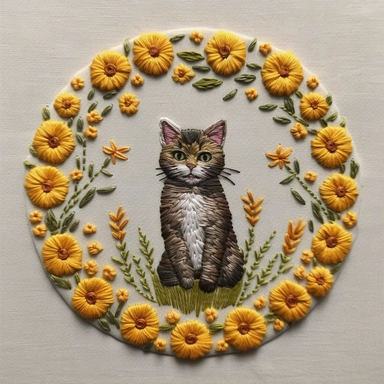 Hand embroidered cat clipart on a flat white background, standing on the grass, It is surrounded by small yellow and red flowers In the shape of a circle,
