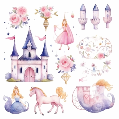 Watercolor illustration clipart set castle, princess, cinderella carriage, tiara, unicorn, hd realistic, no background