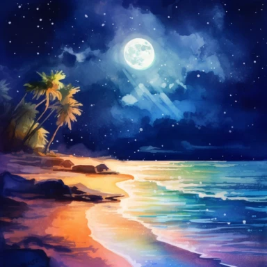 Under the watchful gaze of the moon, a mesmerizing holographic beach emerges in the depths of night, painted in captivating strokes. watercolor clipart. With a gentle and natural lighting casting its glow, the colors of this scene emanate a sense of wonder and relaxation. The composition is crafted to offer the best possible view, focusing solely on the ethereal interplay between sand and water. The holographic waves gently lap against the shore, their luminosity reflecting the shimmering light,