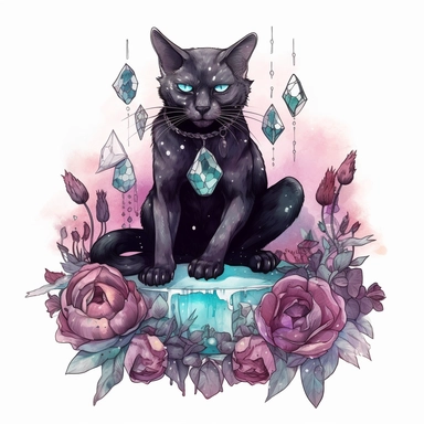 hand drawn black cat, sitting with front paw resting on a skull, flowers and crystals, shades of burgundy purple and teal, romantic and edgy, very detailed and realistic, watercolor, clipart style