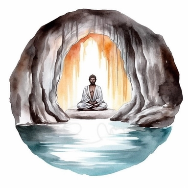 Buddha meditating in a cave with waterfall, watercolor style, clipart solid white background