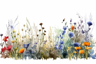 border of Meadow Wild Flowers Watercolor, Masterpiece, high details, high quality, real art, Clipart, solid background