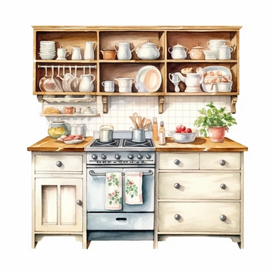 watercolor clipart, small vintage country kitchen unit in decent light colors, white background, view from front, high quality, highly detailed, sharpness