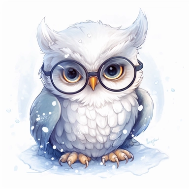 kawaii adorable fantasy snowy owl wearing cute glasses, nursery art, clipart image, line art image, white background, inspired by yoshitaka amano art, very detailed, 8k