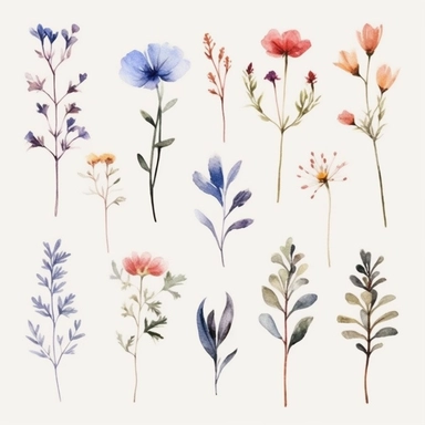 Create a series of minimalist watercolor wildflower clipart with clean lines and pastel color palettes, specifically tailored for Midjourney compatibility, ideal for achieving a modern and contemporary look