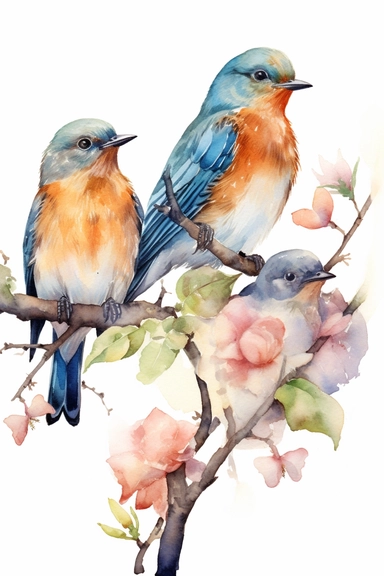 Watercolor cute birds standing on a branch in spring, nature, very vivid colors, highly detailed drawing, white background, clipart, colorful, highly detailed, HD