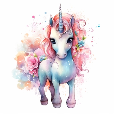 High level watercolor, hyper realistic cartoon, transparent background with margins, 8k, ultra detailed clipart, cute colorful unicorn, with big cute eyes, flower, and shimmering fairy dust, magical pattern, cool, fairy, stand