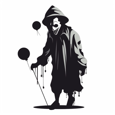black and white silhouette of a scary halloween clown, clipart style, white background, thick lines, vector, simple design, flat colour, solid colour, halloweencore
