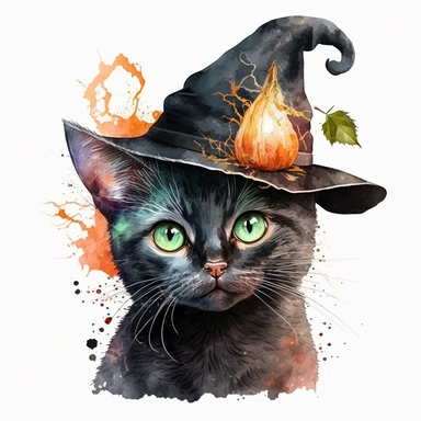cute scary halloween cat watercolor clipart with witch hat high quality many details white background