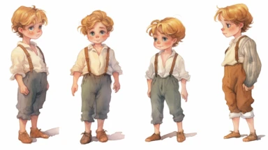 Watercolor , illustrations clipart, character sheet ,cute little boy  Hansel EDIM ( hansel character from the hansel and gratel fairy tale) in poor clothing, various emotions--seed 900
